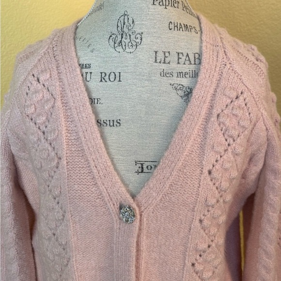 See And Be Seen Pink V-Neck Wool Blend Cable Knit Cardigan Small/Medium NWT - Picture 6 of 15